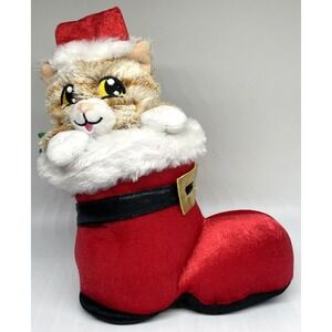 Animated Christmas Cat In Santa Boot Plush Sings Here Comes Santa‎ Claus Gemmy